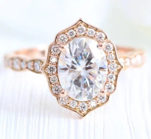 6*8mm Moissanite Engagement Ring Vintage Halo Milgrain Wedding Jewelry For Women - Picture 1 of 8