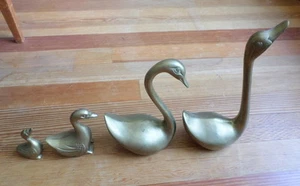 Brass Swan Geese Family of 4 Metal Figurines Display Decor Art - Picture 1 of 8