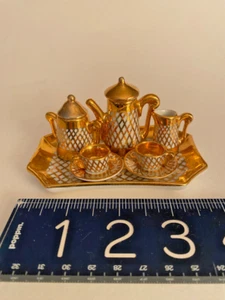 JUEGO DE TÉ DORADO RARO ANTIGUO LIMOGES Francia Miniatura Pintado a Mano Estampado/Firmado - Imagen 1 de 12