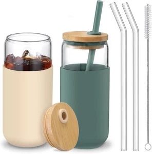 20 OZ Glass Cups with Bamboo Lids and Straws - Beer Can Drinking Glasses - Picture 1 of 54
