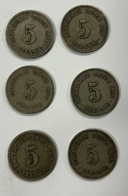 1875. 1876, 1890,  1897, 1898, & 1899, 5 Pfennig  Germany coin collection - Image 1 of 2