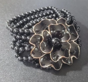 Black Gothic Chunky Enamel Flower Beaded Multi Strand Stretchable Bracelet - Picture 1 of 8