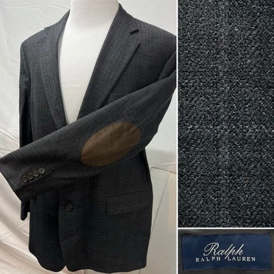 Chaqueta Blazer Ralph Lauren Para Hombre 46L Gris Lana a Cuadros Parches en el Codo Abrigo Deportivo Foto 1 de 4