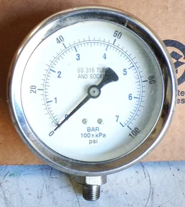 Manometro industriale in acciaio inox 3" da 0 a 100 psi 316 SS tubo e presa - Foto 1 di 8