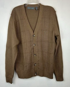 Oscar De La Renta Cardigan Sweater Mens L Beige Windowpane Capsule Grandpa - Picture 1 of 7