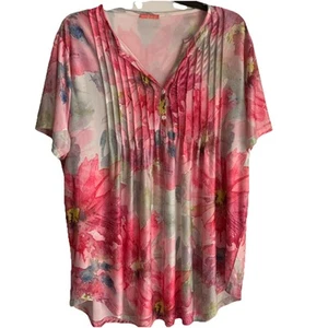Simply Aster by Firmiana Tunic Top 4X Pink Floral Liquid Knit Colorful Pleated - Picture 1 of 10