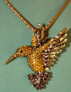 Rhinestone Yellow And Purple Hummingbird Necklace Or Brooch On 32 Inch Chain - Bild 1 von 8