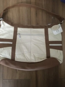 SHOULDER BAG WOMEN'S COWHIDE REAL LEATHER LORENZ WORK TRAVEL CREAM/BROWN GIFT UK - Picture 1 of 6