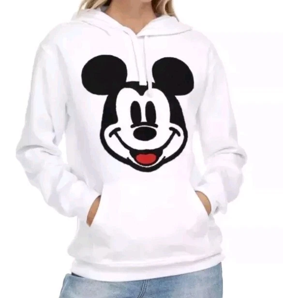 Disney White Hoodie Mickey Mouse Embroidery Big Print Size Large -