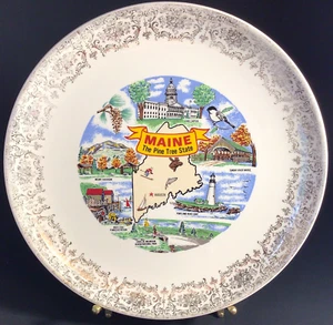 MAINE PLATE VINTAGE 1970'S GOLD BORDER 9 1/4" THE PINE TREE STATE - Picture 1 of 11