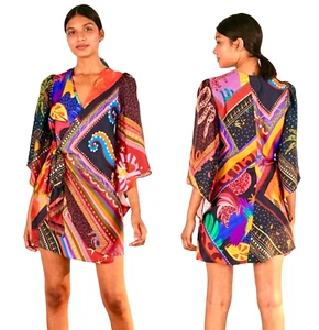 Neu Neu mit Etikett $ 215 Farm Rio diagonale Schals Mini Wickelkleid bunt Boho Gürtel XS - Bild 1 von 12