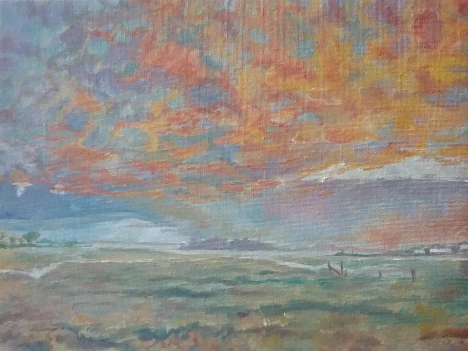 Pintura al óleo sobre tabla hecha a mano 9"x12" puesta de sol paisaje naturaleza original invierno  Foto 1 de 3