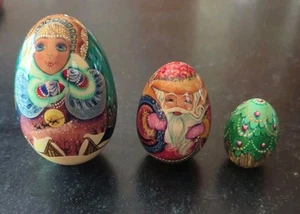 Russian 3 Pc Hand Painted Nesting Dolls Christmas Snow Maiden, Santa And Tree - Picture 1 of 12