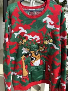 Ugly Christmas Sweater Size XL 46-48 Deer Hunting Built-in Drink Holder Camo - Picture 1 of 16