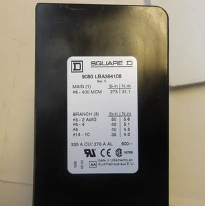SQUARE D P/N:9080 LBA364108 POWER DISTRIBUTION BLOCK 600V 335A 3POLE - Picture 1 of 6