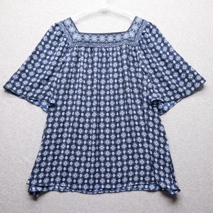 J Jill Wearever Tunic Top Womens XL Blue White Floral Boho Blouse Cottagecore - Picture 1 of 10