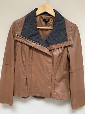 VALE LA PENA Chaqueta Moto Cuero Marrón Gris Forro Acolchado Cremallera Completa a Presión Talla Pequeña Foto 1 de 4