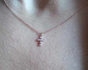 SMALL DIAMOND CROSS NECKLACE 14K ROSE GOLD 0.07CT NATURAL EARTH MINED DIAMONDS - Picture 1 of 6