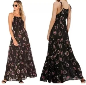 Free People Maxi Abito Intimamente Giardino Festa Nero Boho Floreale Garza Tg S - Foto 1 di 9