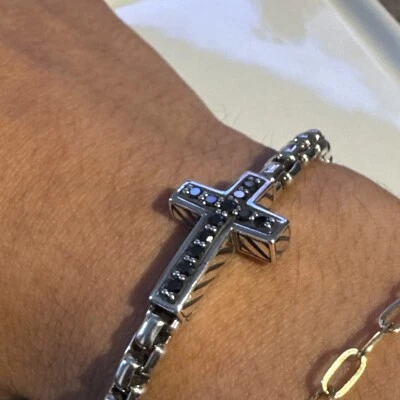 David Yurman 925 Sterling Silver Cross Pave Black Diamond Bracelet for Men 8.5” - Image 1 of 4