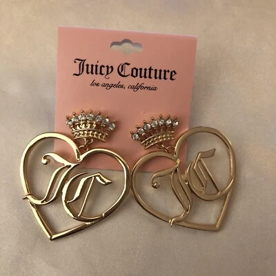 Pendientes colgantes Juicy Couture tono dorado marco abierto JC corazón y corona circonita cúbica nuevos con etiquetas Foto 1 de 4