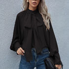 Women Bow Knot Blouse Long Sleeve Shirts Ladies Crew Neck Holiday Casual Tops