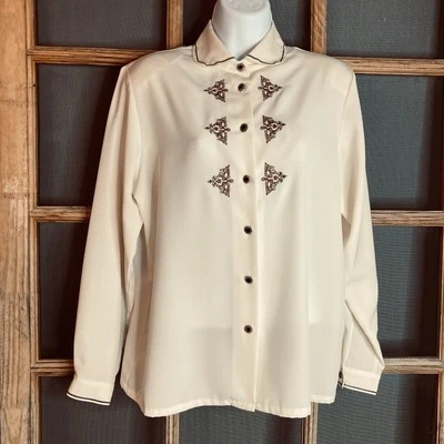 Blusa vintage Koret para mujer blanca talla 8 21x25 marrón bordado transparente Foto 1 de 4