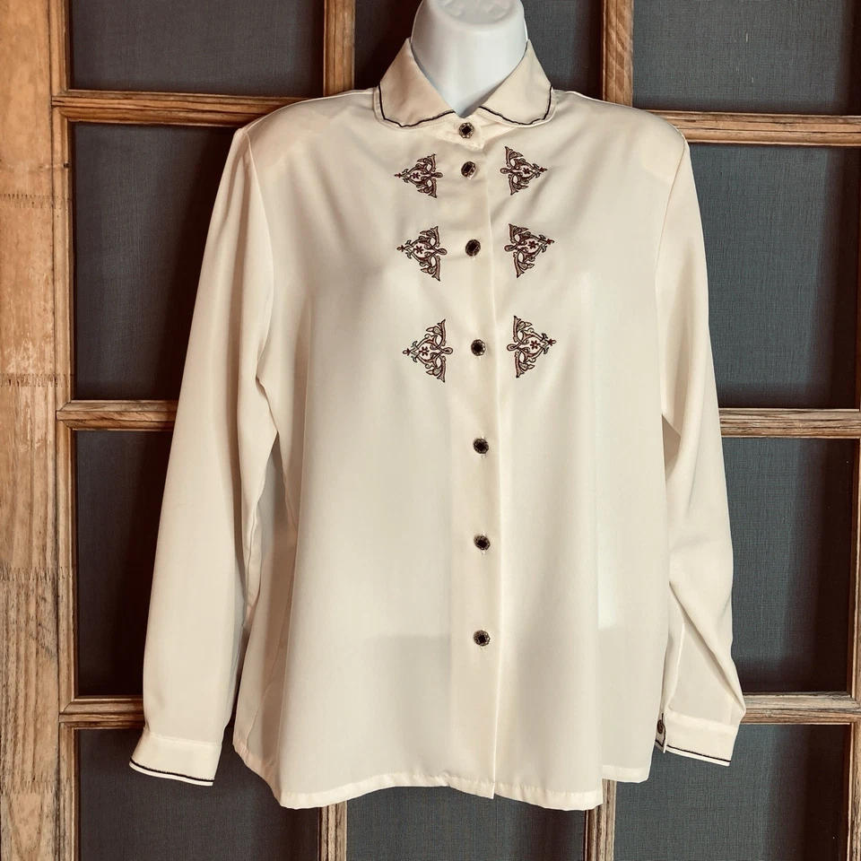 Blusa vintage Koret para mujer blanca talla 8 21x25 marrón bordado transparente Foto 1 de 4