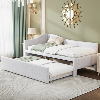 Twin Size Daybed Linen Upholstered Bed Frame Sofa Bed with Pop Up Trundle - Image 1 of 4