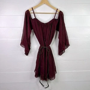 DOUBLE ZERO Wine Open Shoulder Wide Sleeve Polyester Tassle Dress Size Small - Picture 1 of 11