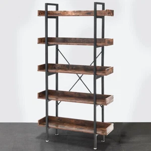 5 Tier Bookcase Bookshelf Industrial Rustic Wooden Storage Shelf Metal Frame - Picture 1 of 8