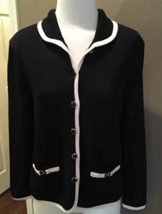 Chaqueta cárdigan de lujo SJK St. John tejida 6 S negra atemporal con ribete marfil - Imagen 1 de 7