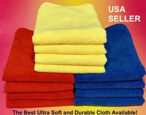 12 Red Yellow Blue BEST MICROFIBER CLEANING CLOTH TOWEL 16"x16" KITCHEN BATH BAR - Picture 1 of 11