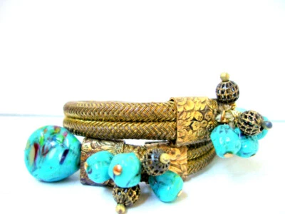 Frank Hess 适用于 MIRIAM HASKELL 绿松石艺术玻璃珠记忆线手链 — 第 1/4 张图片