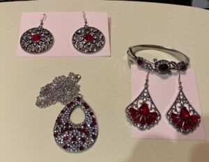 RED BLING JEWELRY LOT OF 2 PAIR OF EARRINGS NECKLACE & BRACELET
