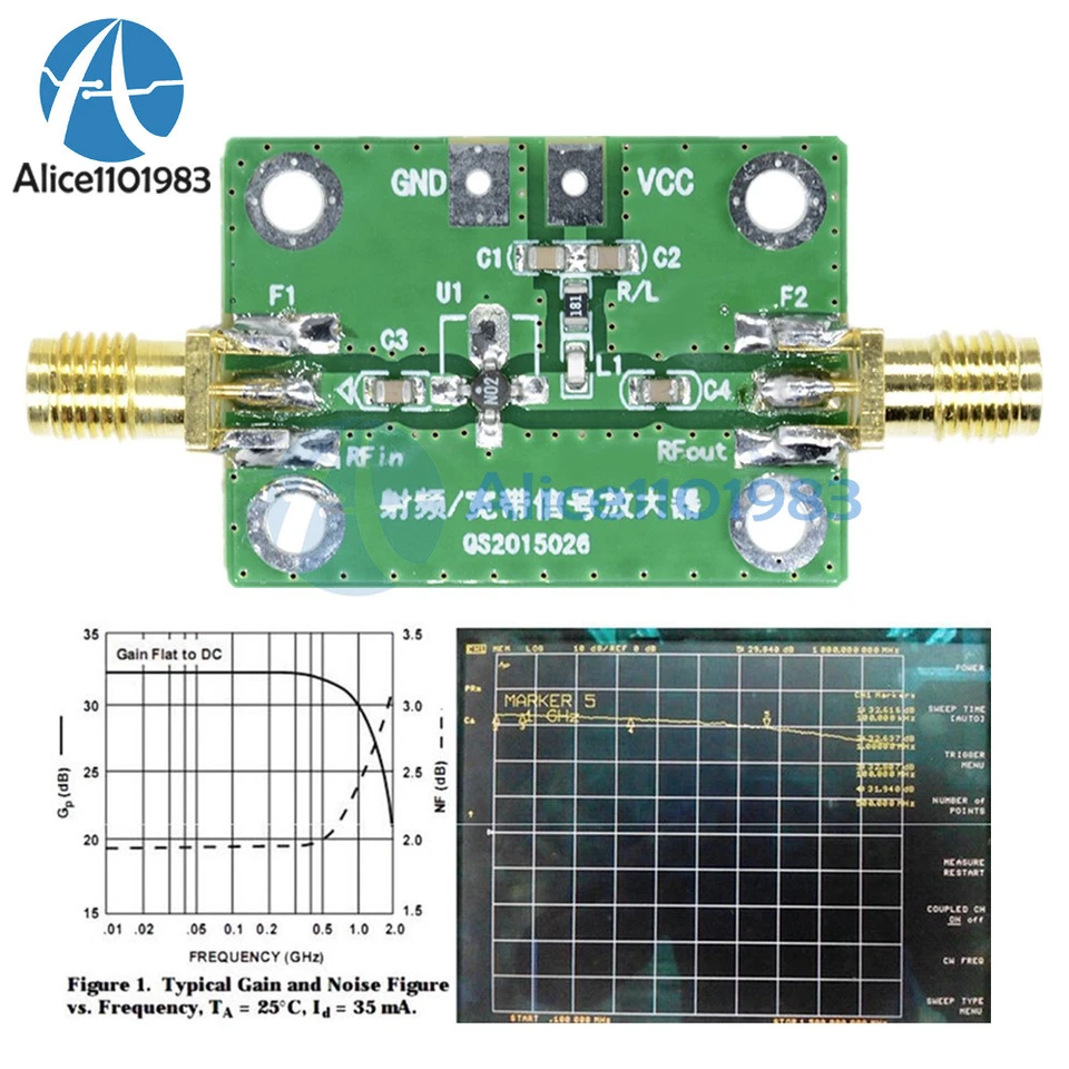 Amplificador de banda ancha RF 0,1-2000 MH​z 30 dB receptor de módulo de banda ancha LNA de bajo ruido Foto 1 de 1