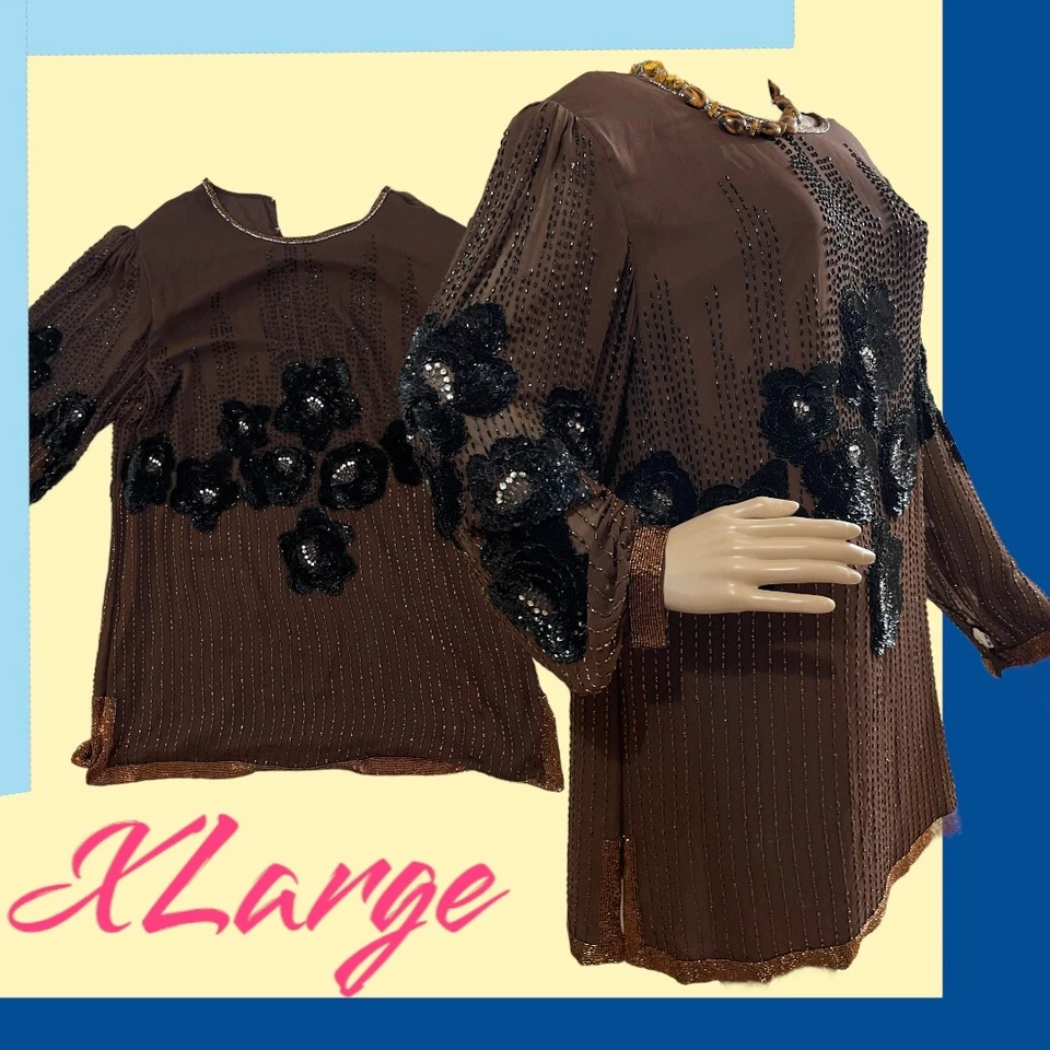TÚNICA GRANDE VINTAGE MARRÓN Oleg 100 % seda, lentejuelas, pedrería, hombreras XLarge Foto 1 de 4