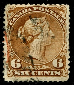 Canada Scott 27a 6c Large Queen Yellow Brown on Wove with Red Cancel Plate 2 - Picture 1 of 2