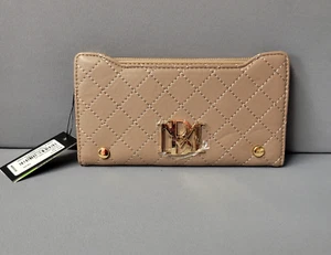 Badgley Mischka Wallet Taupe Quilted Long Cardholder Vegan Leather Snap Zip - Picture 1 of 14