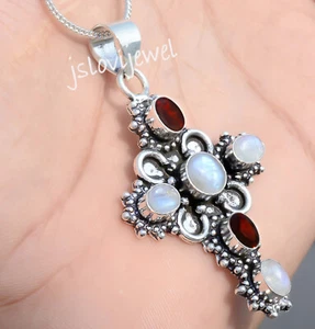 Moonstone & Garnet Cut Gemstone Cross 925 Sterling Silver Christian Pendant - Picture 1 of 6