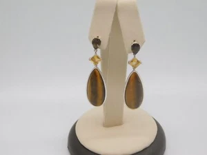 VINTAGE STERLING SILVER TIGER'S EYE CITRINE SMOKEY QUARTZ STONE DANGLE EARRINGS - Picture 1 of 7
