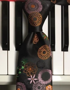 Hi-Tie / Fantasy Floral Silk Tie w/Multicolor Blooms & Spacey Spirals on Black - Picture 1 of 9