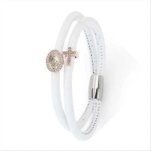 Bracciale In Pelle Nero Amen Crmi07r Charm Croce E Madonna Zirconati Rosato - Foto 1 di 3
