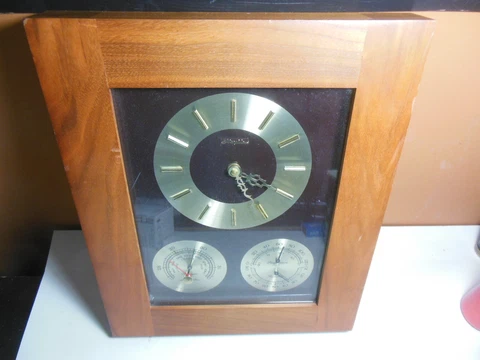 Vintage Airguide Solid Mahogany Clock Barometer Thermometer Humidity Mid Century Cover