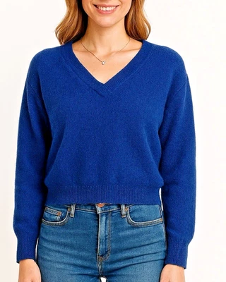 The Reset R Label Blue 100% Wool Cropped V-Neck Sweater Pullover Size S - Image 1 of 4
