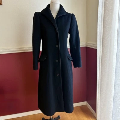 Casaco feminino vintage Halston III 100% lã 6P bolsos preto borda canelada longo EUA - Imagem 1 de 4