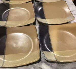 4-SANGO #5022 Gold Dust Black 8 3/4" Square Salad Plate Ripple Edge - Picture 1 of 5