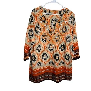 Avenue Blouse Women's 18/20 Colorful V-Neck 3/4 Sleeve Beaded Shirt Orange Top - Picture 1 of 8