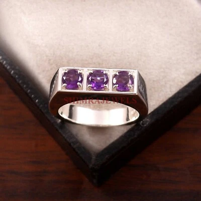 Piedras preciosas de amatista natural con anillo de plata de ley 925 para hombre #867 Foto 1 de 4