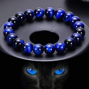 Natural Handmade Blue Tiger Eye Bracelet Beads Stretch Bracelet Gemstone Beaded - Picture 1 of 32